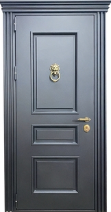 Входная термодверь с металлофиленкой, карнизом, кнокером и серым полимерным покрытием